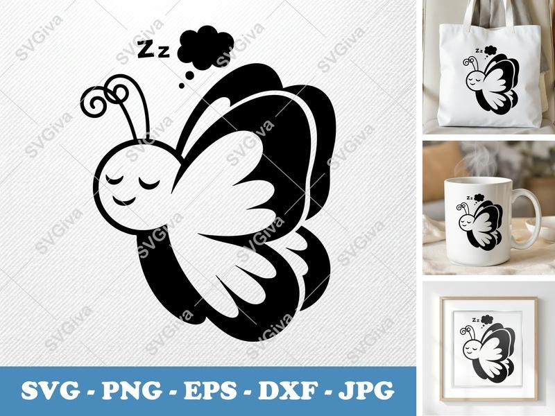 Butterfly Sleeping SVG, Cute Sleepy Butterfly PNG EPS DXF, Modern Clean Cut File for Cricut & Silhouette, Baby Nursery Decor