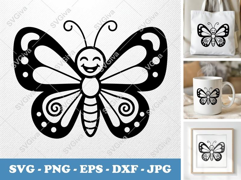 Butterfly Smiling Happily SVG, Friendly Bean-Shaped Design, PNG DXF EPS | Cricut Silhouette Cut File