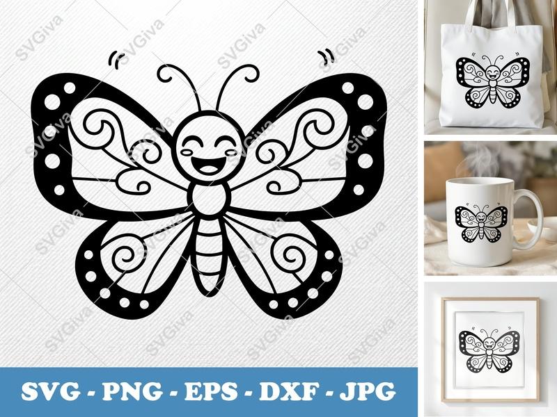 Butterfly Smiling Happily SVG | Friendly Rounded Body Bean-Shaped Forms | PNG DXF EPS | Cricut Silhouette Cut File