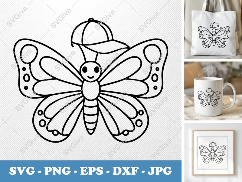 Butterfly SVG | Baseball Cap, Cartoon Outline | PNG EPS DXF for Cricut, Silhouette | Kids Craft, Coloring
