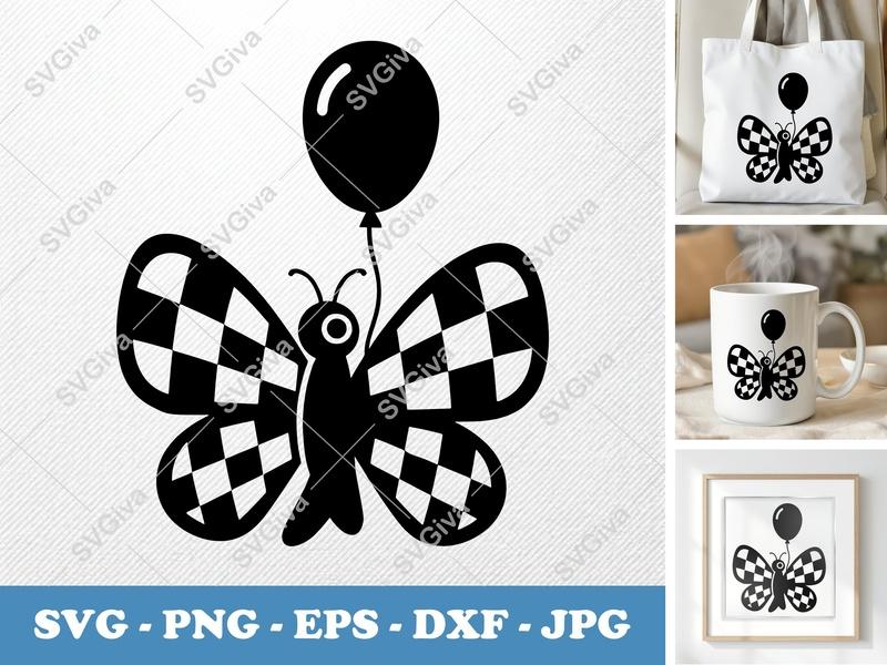 Butterfly SVG | Checkered Wings Balloon Cut File | Modern Clean Design PNG EPS DXF for Cricut & Silhouette