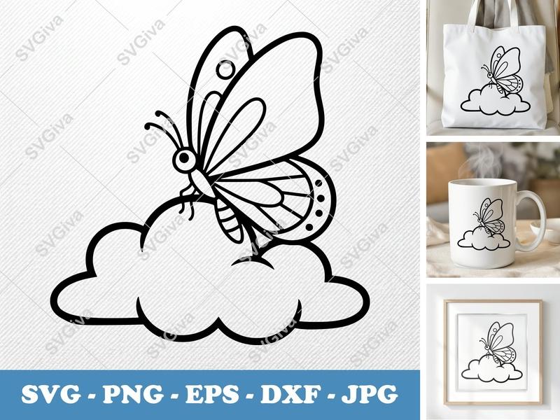 Butterfly SVG | Cloud Cut File, Flying Insect Design | PNG EPS DXF for Cricut, Silhouette, Crafting