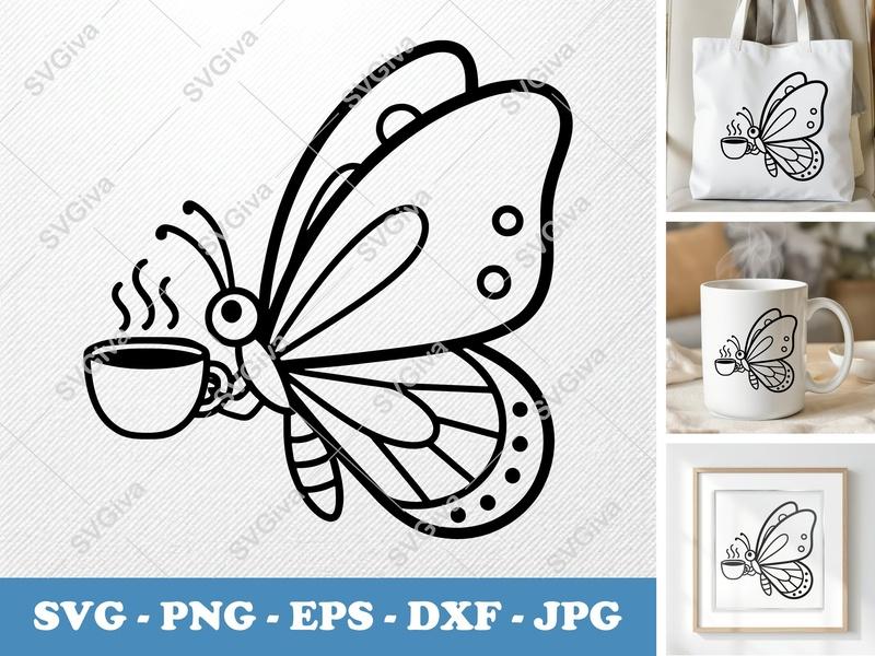 Butterfly SVG | Coffee Butterfly Cut File | Modern Clean Design PNG EPS DXF for Cricut & Silhouette | Steaming Mug Insect Graphic