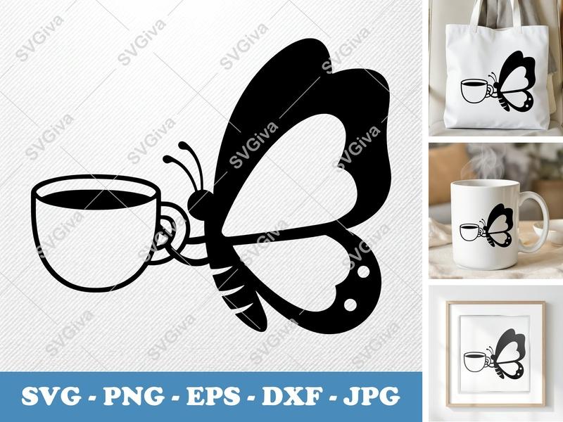 Butterfly SVG, Coffee Cup Modern Design, PNG EPS DXF | Cricut Silhouette Cut File, Drink Lover Art
