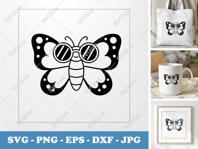 Butterfly SVG, Cool Butterfly with Glasses Cut File | PNG EPS DXF | Cricut Silhouette Design, Insect Clipart Vector