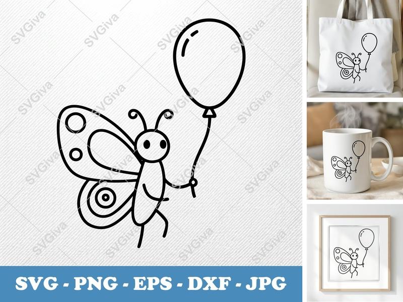 Butterfly SVG | Cute Balloon Butterfly Cut File | Modern Cartoon Insect PNG EPS DXF for Cricut & Silhouette