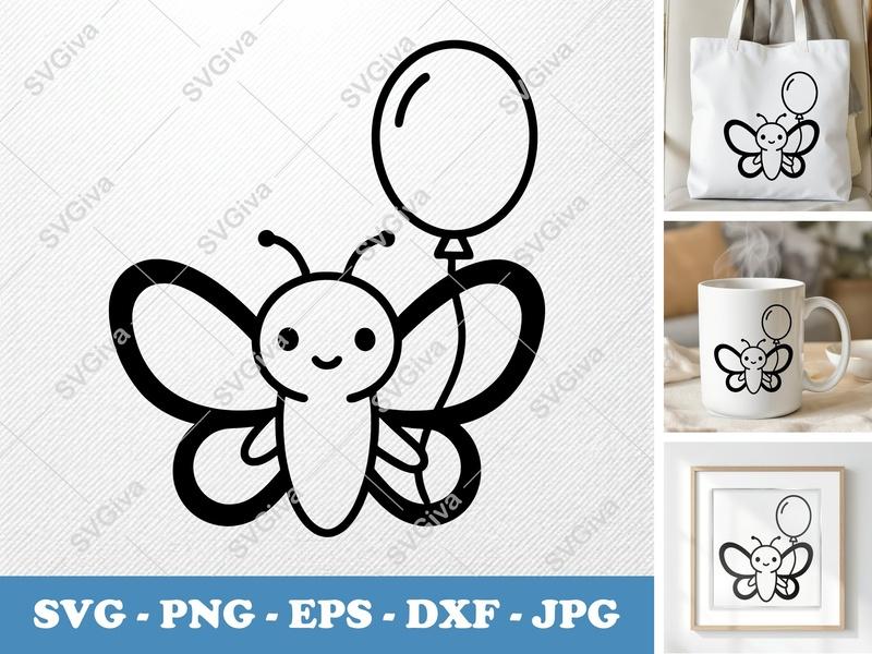 Butterfly SVG | Cute Cartoon Balloon Design | PNG EPS DXF for Cricut Silhouette | Kids Birthday Vector Clipart