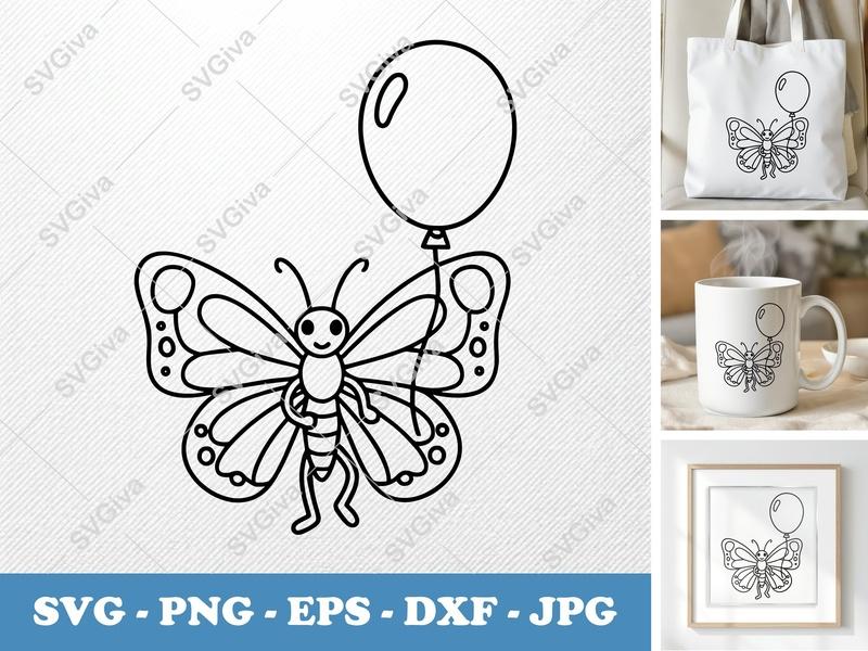 Butterfly SVG | Cute Cartoon Balloon | Modern Clean Line Art, PNG EPS DXF for Cricut, Silhouette, Kids Craft