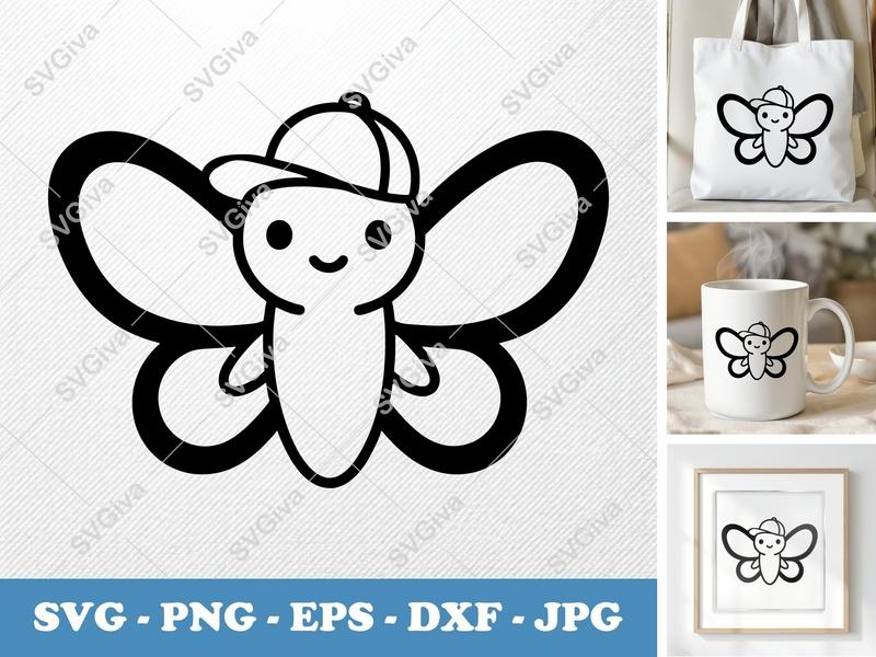 Butterfly SVG | Cute Cartoon Bug with Hat | PNG EPS DXF for Cricut & Silhouette | Kawaii Insect Outline Cut File
