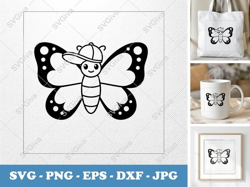Butterfly SVG | Cute Cartoon Bug with Hat | PNG EPS DXF for Cricut, Silhouette | Kids Craft, Insect Clipart