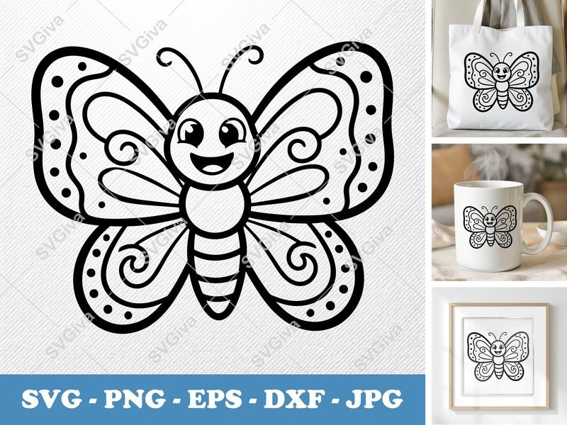 Butterfly SVG | Cute Cartoon Outline Design for Kids | PNG EPS DXF | Cricut Silhouette Cut File | Happy Face Insect