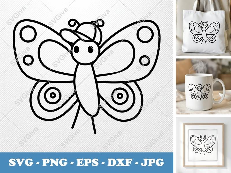 Butterfly SVG | Cute Cartoon Outline with Hat | PNG EPS DXF | Cricut Silhouette File, Kids Craft, Animal Clipart