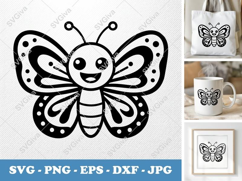Butterfly SVG | Cute Cartoon Smiling Butterfly Cut File for Cricut Silhouette | Modern Clean Design PNG EPS DXF Vector