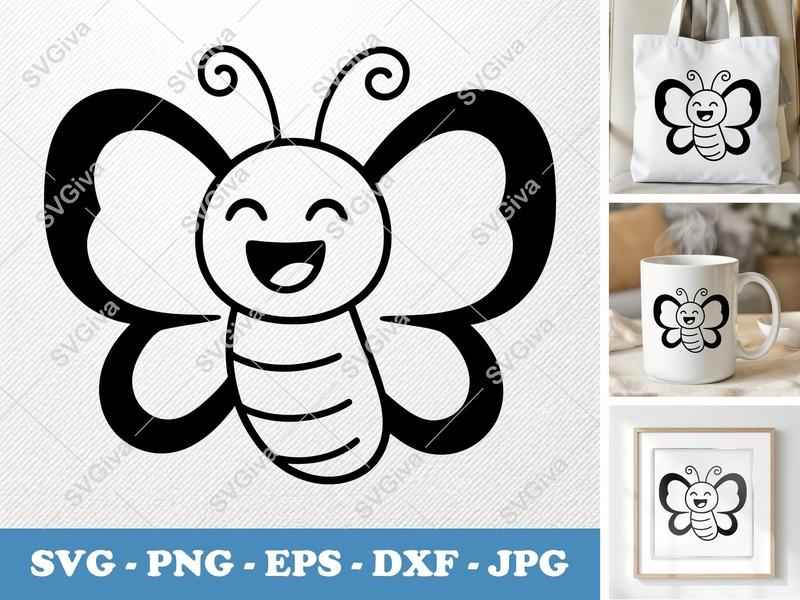 Butterfly SVG | Cute Cartoon Smiling Butterfly | Kids Craft Cut File | PNG EPS DXF for Cricut & Silhouette