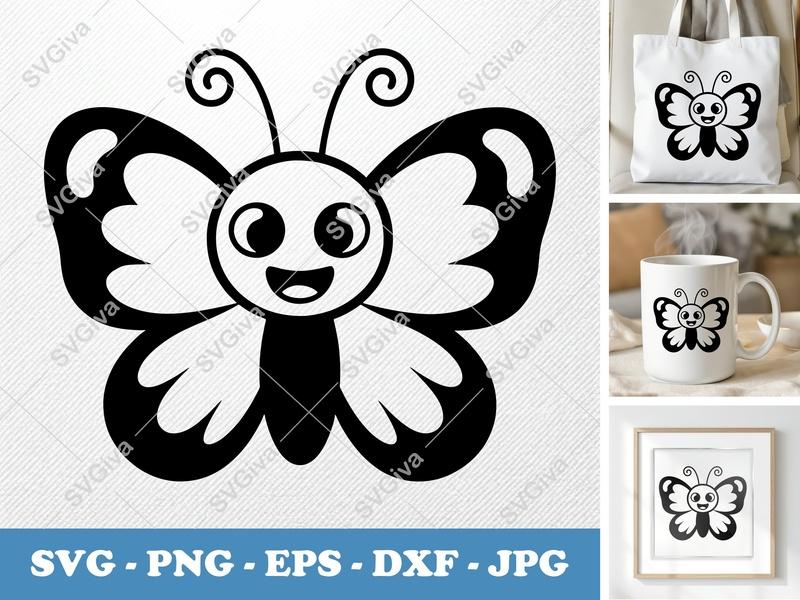 Butterfly SVG | Cute Cartoon Smiling Butterfly | PNG EPS DXF Cut File for Cricut, Silhouette | Kids Craft