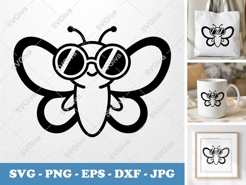 Butterfly SVG, Cute Funny Butterfly with Sunglasses Cut File | PNG EPS DXF for Cricut, Silhouette, Vector Clipart, Modern Design