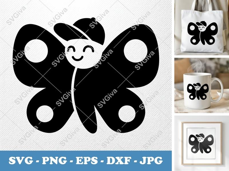 Butterfly SVG, Cute Smiling Butterfly with Hat, Modern Clean Design, PNG EPS DXF for Cricut & Silhouette, Kids Craft File