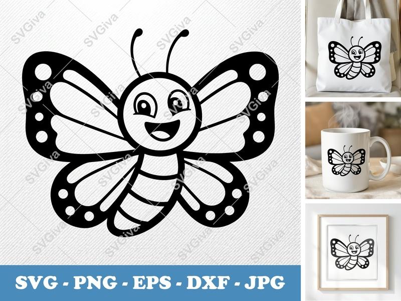 Butterfly SVG | Cute Smiling Cartoon Butterfly PNG EPS DXF | Cricut Silhouette Cut File | Kids Craft Insect Vector