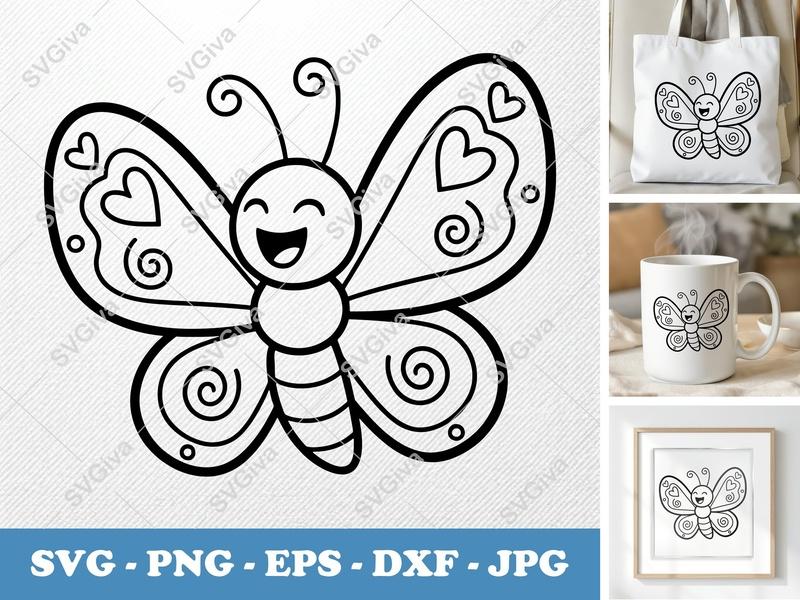 Butterfly SVG | Cute Smiling Cartoon Butterfly with Hearts | PNG EPS DXF for Cricut & Silhouette | Outline Design