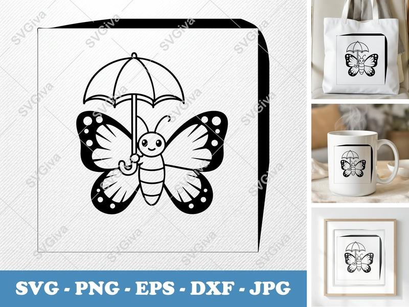 Butterfly SVG, Cute Umbrella Butterfly, Cartoon Insect, PNG EPS DXF for Cricut | Silhouette Cut File, Kids Craft