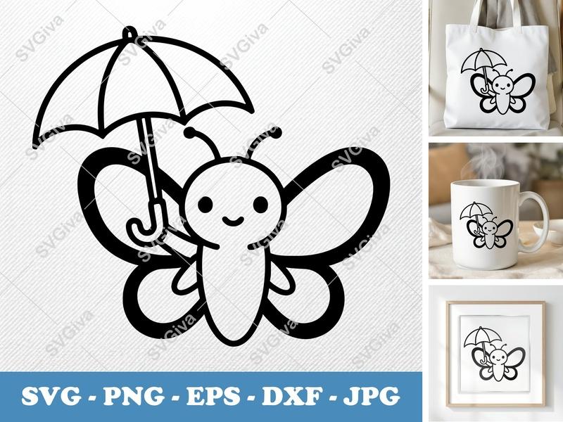 Butterfly SVG | Cute Umbrella Butterfly Cut File | Kawaii Insect PNG EPS DXF | Cricut Silhouette Design | Cartoon Animal Clip Art