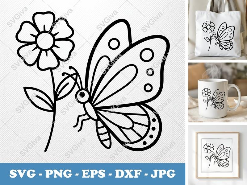 Butterfly SVG, Flower Outline, Simple Insect Cut File, Modern Design | PNG EPS DXF for Cricut & Silhouette