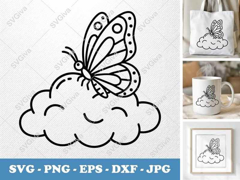 Butterfly SVG | Modern Cloud Design, Wing Details | PNG EPS DXF for Cricut, Silhouette | Cute Insect Cut File