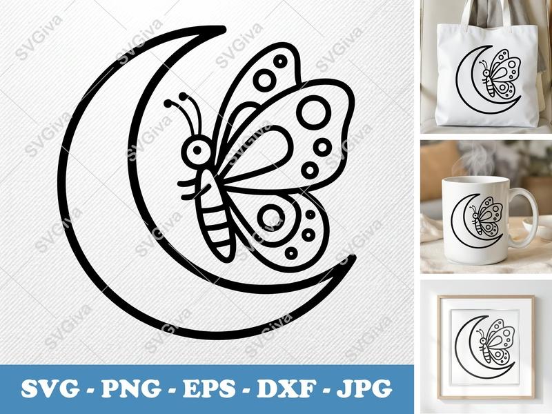 Butterfly SVG | Moon Crescent Cute Bug | PNG EPS DXF | Cricut Silhouette Cut File, Kids Craft, Animal Line Art