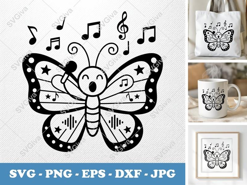Butterfly SVG Musical Singing, Cute Music Notes, Star Wings | PNG EPS DXF for Cricut Silhouette Cutting Files