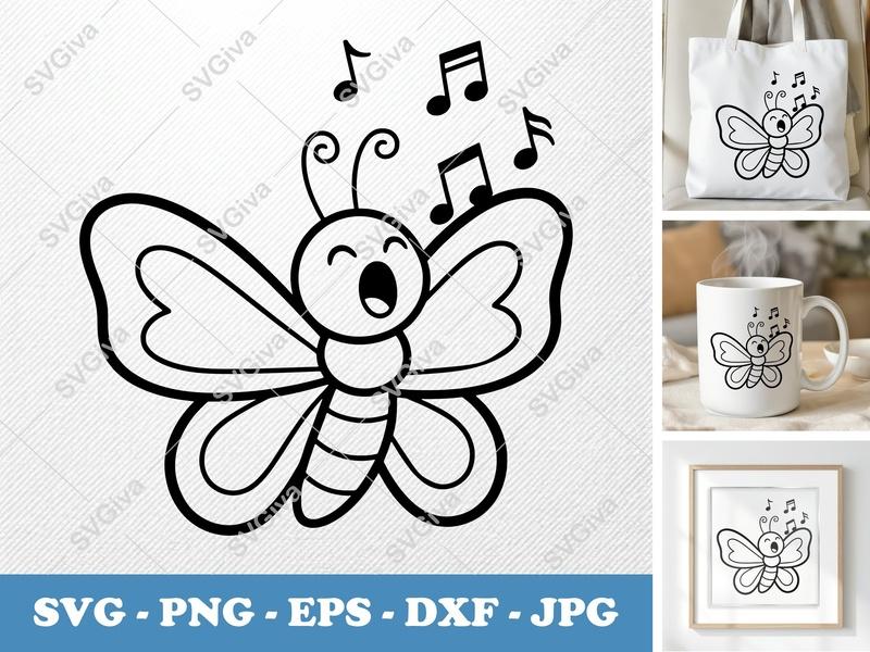Butterfly SVG | Singing Music Notes Cute Kawaii | PNG EPS DXF | Cricut Silhouette Cut File