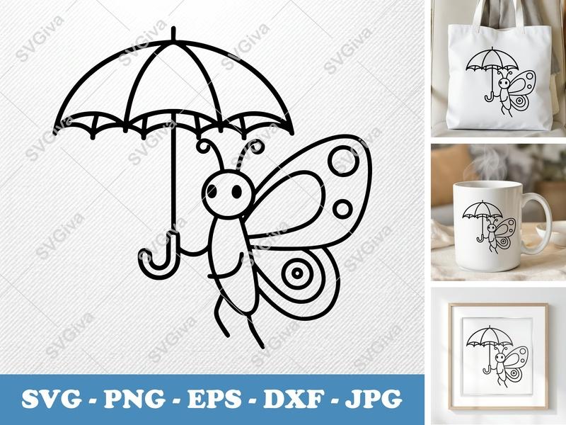 Butterfly SVG | Umbrella Cute Outline | PNG EPS DXF | Cricut Silhouette | Cartoon Insect Craft File