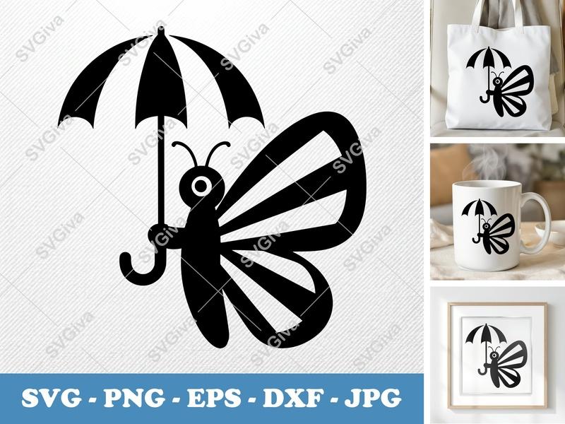 Butterfly Umbrella SVG | Cute Insect PNG EPS DXF | Cricut Silhouette Cut File | Modern Clean Design