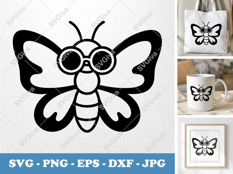 Butterfly Wearing Sunglasses SVG, Friendly Bean-Shaped Cut File | PNG DXF EPS | Cricut Silhouette Design