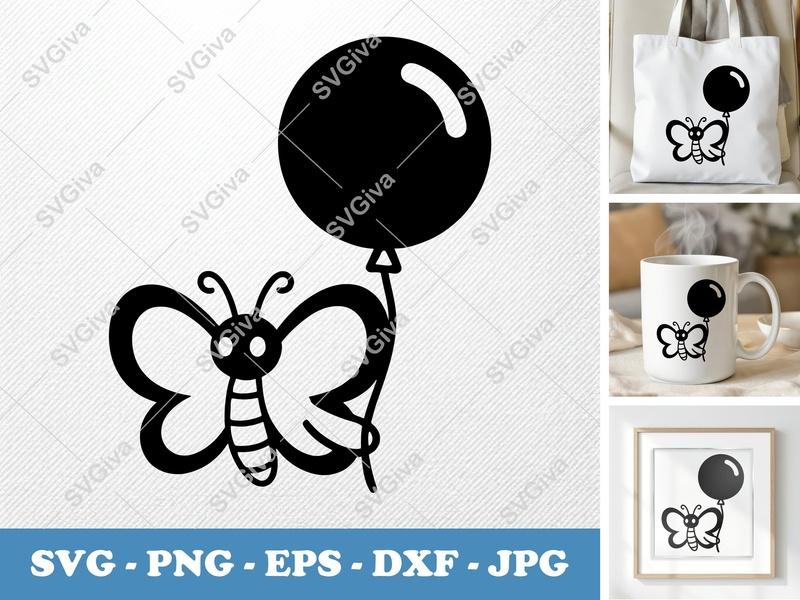 Butterfly with Balloon SVG | Puffy Inflated Design | PNG DXF EPS for Cricut Silhouette