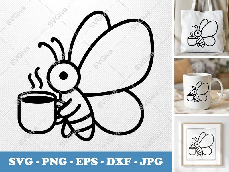 Butterfly with coffee cup SVG | Cute Bean-Shaped Cut File | PNG DXF EPS | Cricut Silhouette Design | Coffee Lover Insect