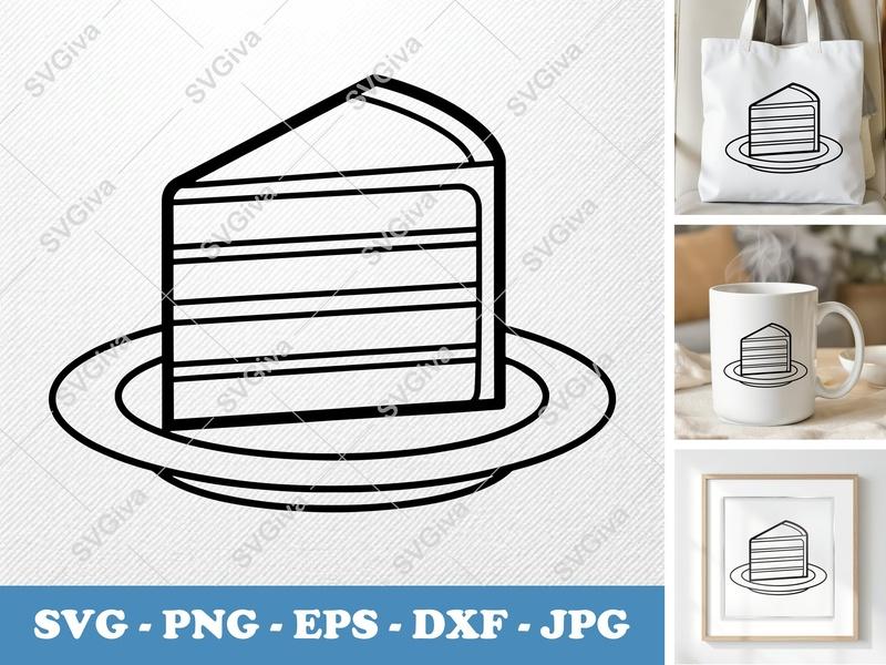 Cake Slice on a Plate SVG | Minimalist Double-Outline Design | Thick Contour, Thin Lines | Basic Shapes Cut File for Cricut Silhouette | ...