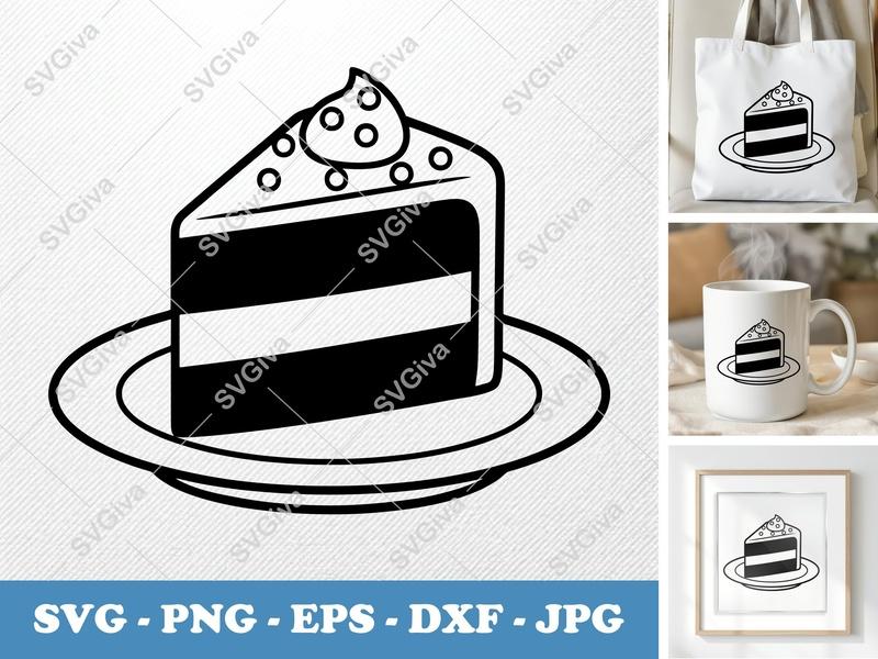 Cake Slice on a Plate SVG | Puffy Pillow-Soft Cake Design | PNG DXF EPS | Cricut Silhouette File