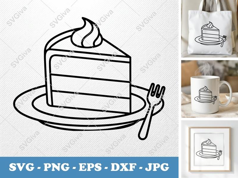 Cake Slice on Plate SVG | Minimalist Contour Cut File | PNG DXF EPS | Cricut Silhouette Baking Dessert
