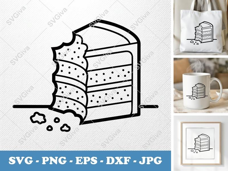 Cake Slice Partially Eaten SVG | Double-Outline Minimalist Design | Thick Contour, Thin Lines | PNG DXF EPS | Cricut Silhouette File
