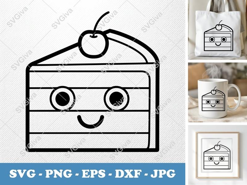 Cake Slice SVG | Cute Kawaii Cake with Cherry | Layered Dessert | PNG EPS DXF | Cricut Silhouette Cut File