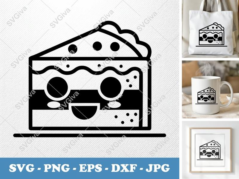 Cake Slice SVG | Kawaii Cake PNG EPS DXF | Cute Dessert Clipart for Cricut & Silhouette | Bakery Food Vector
