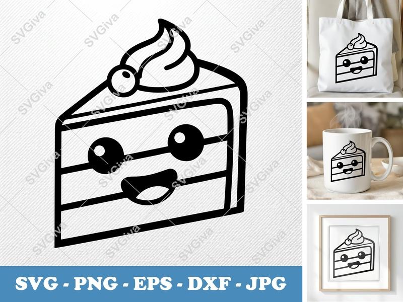 Cake Slice SVG Kawaii Face, Cute Dessert Clipart, Cream Topping | PNG EPS DXF for Cricut Silhouette
