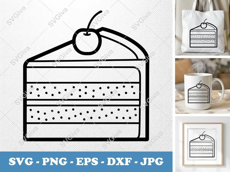 Cake Slice SVG | Minimalist Double-Outline Cut File | PNG DXF EPS | Cricut Silhouette Baking Design