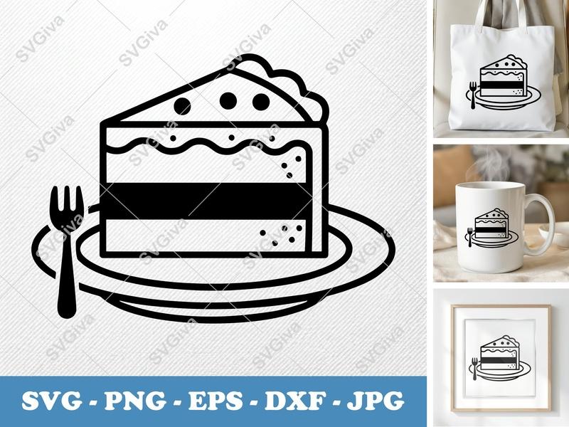 Cake Slice SVG | Modern Dessert Cut File, Fork on Plate | PNG EPS DXF for Cricut, Silhouette, Cake Lover Gift