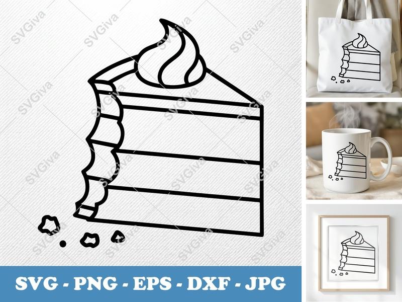 Cake Slice SVG, Partially Eaten Minimalist Cake, Bold Contour PNG DXF EPS, Cricut Silhouette Cut File, Dessert Vector