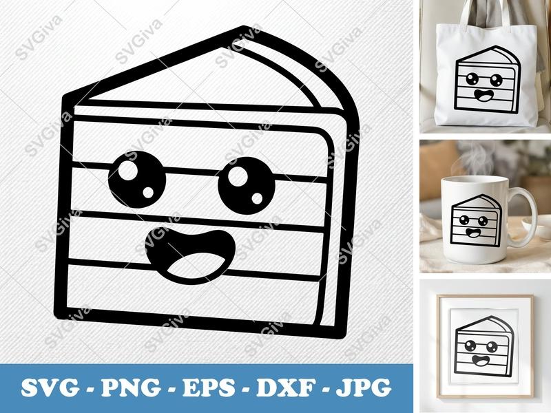 Cake Slice with Smiling Face SVG | Double-Outline Kawaii Design | PNG DXF EPS | Cricut Silhouette | Low Details