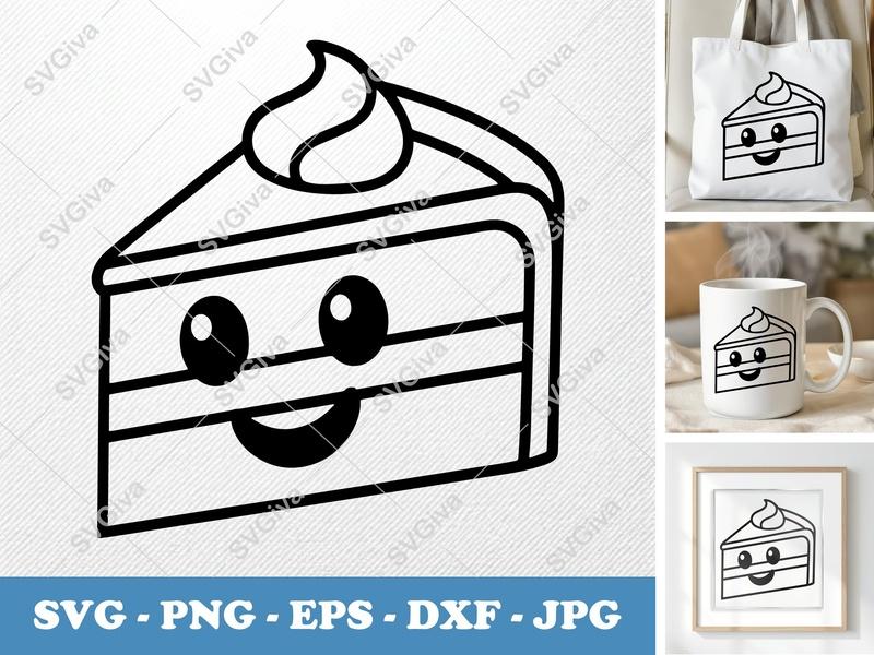 Cake Slice with Smiling Face SVG, Friendly Rounded Body PNG, DXF, EPS | Cricut | Silhouette