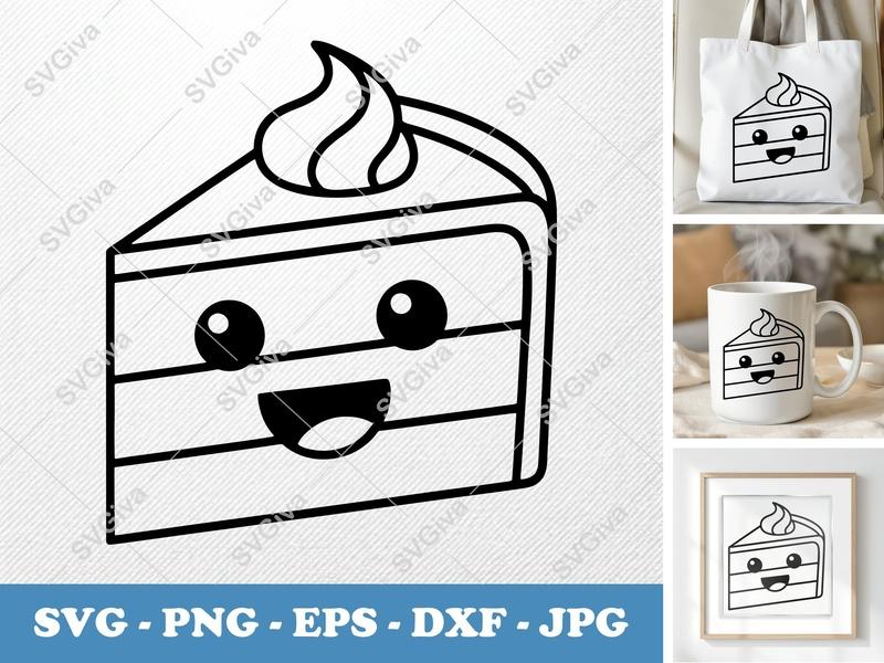 Cake Slice with Smiling Face SVG | Simple Minimalist Kawaii Cut File | Bold Contour PNG DXF EPS for Cricut Silhouette