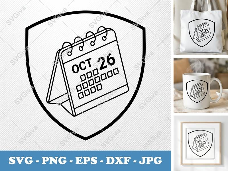 Calendar SVG, Modern Date Planner Vector, Oct 26 PNG EPS DXF | Cricut Silhouette Cut File, Desk Schedule Clipart