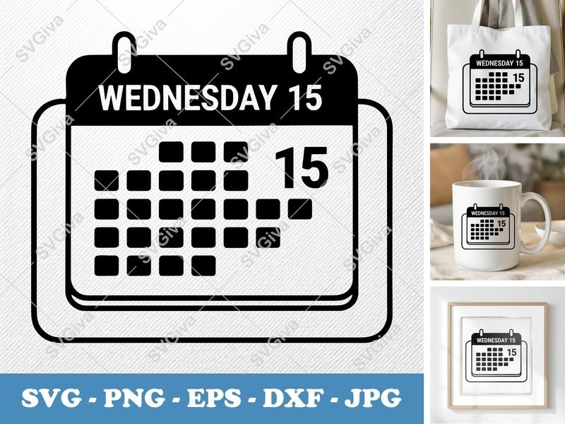 Calendar SVG | Modern Minimalist Date Icon | Wednesday 15 | PNG EPS DXF for Cricut Silhouette